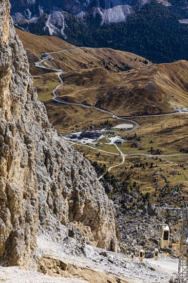 Gondola from the Sella Pass to the Sassolungo Pass, behind the Sella Pass and the Sella Pass road, Dolomites, South Tyrol, Italy, Europe