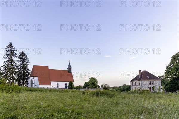 Gruorn, deserted village in the Swabian Alb with St. Stephens Church, the village was abandoned for the former military training area Muensingen, Baden-Wuerttemberg, Germany, Europe