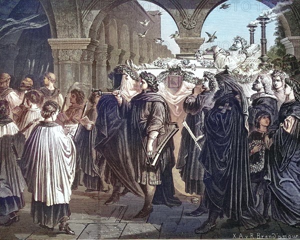 Funeral of Walther von der Vogelweide in the minster in Wuerzburg, Bavaria, Germany, Historical, digitally restored reproduction of an original from the 19th century, exact date unknown, Europe