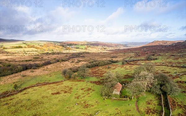 View over Emsworthy Mire from a drone, Haytor Rocks, Dartmoor National Park, Devon, England, UK