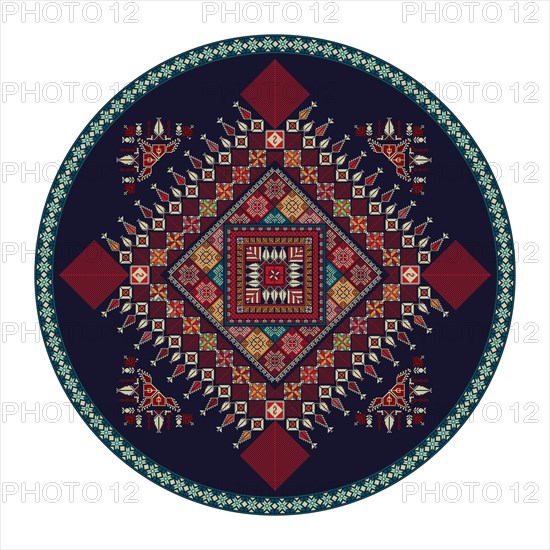 Decorative round Palestinian Tatreez design element over white background, vector illustration