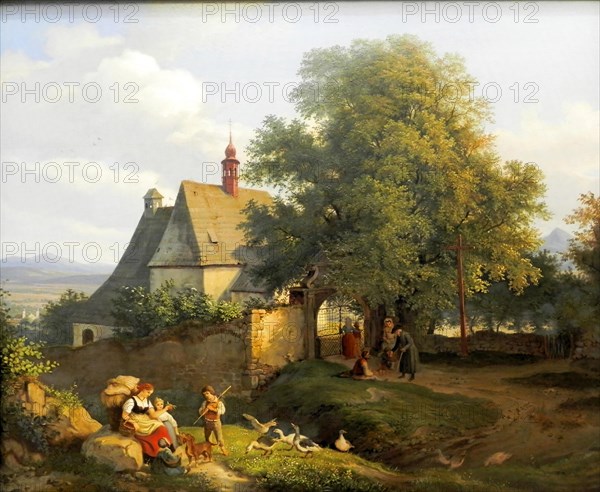 Church of St. Anne in Graupen in Bohemia, painting by Ludwig Richter, Historical, digitally restored reproduction of a historical original