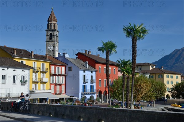 Lake promenade in Ascona with church Santi Pietro e Paolo, Lungolago, Canton Ticino, Switzerland, Europe