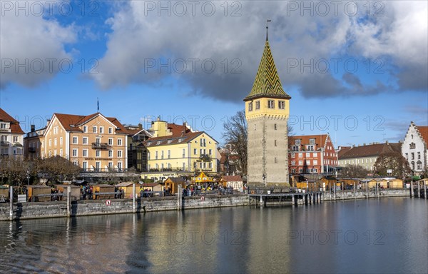 Harbour promenade with Mangturm, reflected in the lake, harbour, Lindau Island, Lake Constance, Bavaria, Germany, Europe