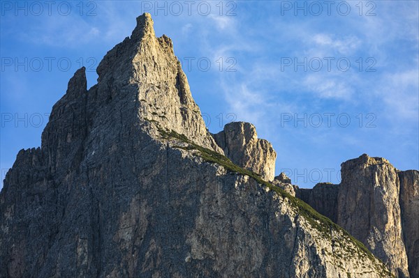 The summit of the Schlern in the evening light, below the Seiser Alm, view from Seis, Dolomites, South Tyrol, Italy, Europe