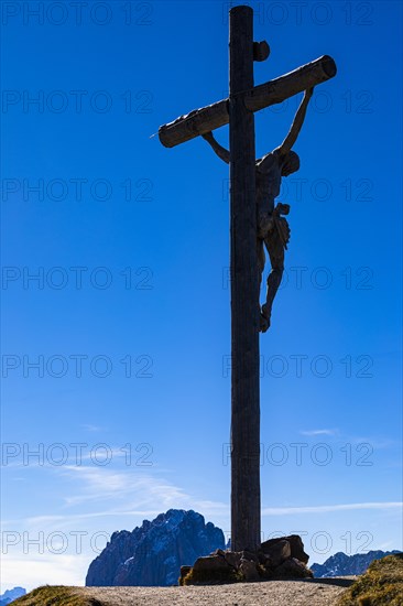 Carved summit cross on the Seceda peak, Val Gardena, Dolomites, South Tyrol, Italy, Europe