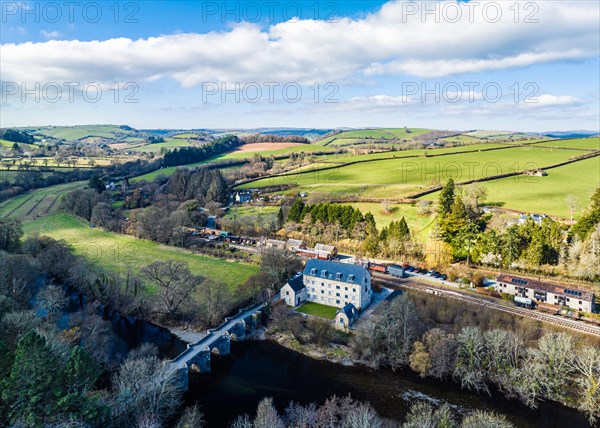English Village from a drone, Staverton, Totnes, Devon, England, United Kingdom, Europe