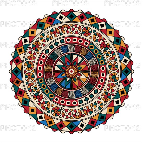 Decorative round tribal design element over white background, vector illustration