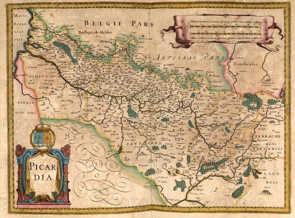 Atlas, map from 1623, Picardy, France, digitally restored reproduction from an engraving by Gerhard Mercator, born Gheert Cremer, 5 March 1512, 2 December 1594, geographer and cartographer, Europe