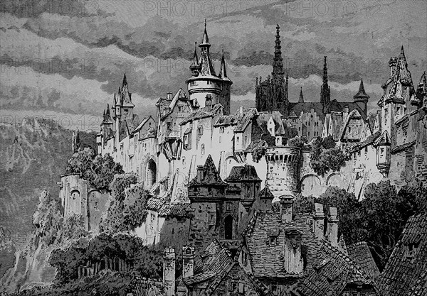 Typical city wall in a medieval town, Historical, digitally restored reproduction from a 19th century original