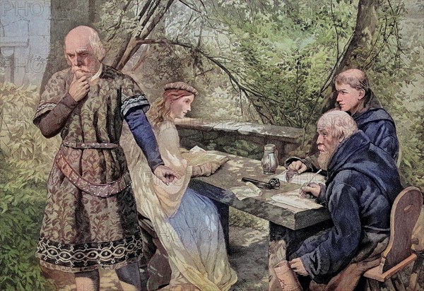 Wolfram von Eschenbach was a German knight and poet, regarded as one of the greatest epic poets of medieval German literature, here he dictates the Parzival, Historical, digitally restored reproduction of an original from the 19th century, ex