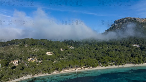 Aerial view of Formentor Peninsula with Formentor Beach, Hotel Royal Hideaway Formentor formerly Hotel Formentor, Cala Pi de la Posada, Illa del Geret Port de Pollenca, Mallorca, Balearic Islands Spain