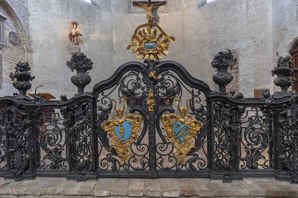 Artfully forged grille in front of the chancel, Barfuesser Kirche, Augsburg, Bavaria, Germany, Europe