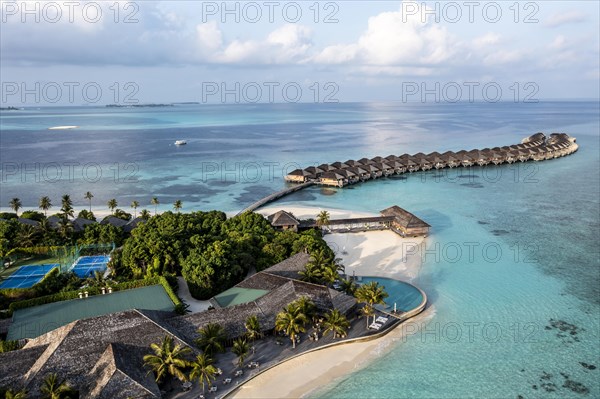 Aerial view, Hurawalhi Island resort with beaches and water bungalows, North Male Atoll, Maldives, Indian Ocean, Asia