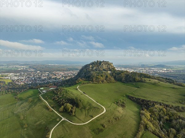 View over the Hegaulandschaft, with Hohentwiel and the town of Singen, Konstanz district, Baden-Wuerttemberg, Germany, Europe