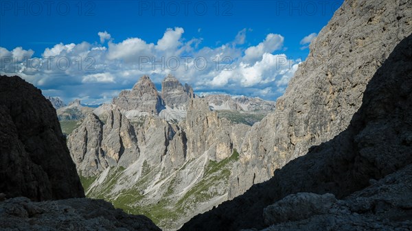 View of Tre Cime di Lavaredo from the Dolomite Trail. Dolomites, Italy, Dolomites, Italy, Europe