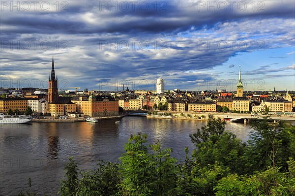 View from the viewpoint Monteliusvaegen to the island Riddarholmen, old town Gamla Stan, evening light, Stockholm, Maelaren, Sweden, Europe