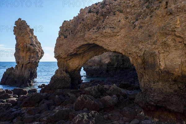 Praia da Marinha, rocks and cliffs, steep coast in the Algarve, Portugal, Europe