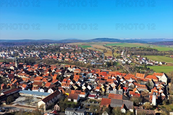 Aerial view of the historic old town of Mellrichstadt with a view of the town wall and towers. Mellrichstadt, Rhoen-Grabfeld, Lower Franconia, Bavaria, Germany, Europe