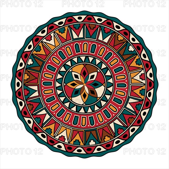 Decorative round tribal design element over white background, vector illustration