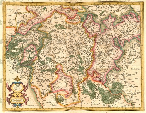 Atlas, map from 1623, Lucemburg and Trier, Germany, digitally restored reproduction from an engraving by Gerhard Mercator, born as Gheert Cremer, 5 March 1512, 2 December 1594, geographer and cartographer, Europe