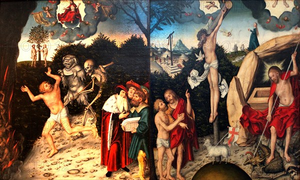 Allegory of Law and Grace, painting by Lucas Cranach the Elder, 4 October 1472, 16 October 1553, one of the most important German painters, graphic artists and letterpress printers of the Renaissance, Historical, digitally restored reproduction of a historical original