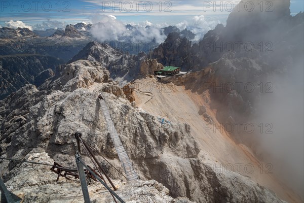 View of the famous suspension bridge and shelter in the Italian Dolomites, Dolomites, Italy, Europe