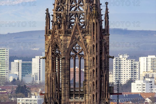 City view with cathedral, behind modern apartment blocks, Freiburg im Breisgau, Baden-Wuerttemberg, Germany, Europe