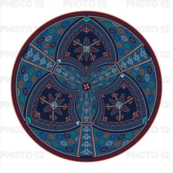 Decorative round Palestinian Tatreez design element over white background, vector illustration