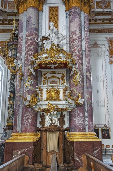 Pulpit in St. Marys Church in Fuerstenfeld Abbey, former Cistercian abbey in Fuerstenfeldbruck, Bavaria, Germany, Europe