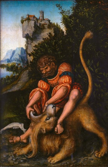 Simson vanquishes the lion, painting by Lucas Cranach the Elder, 4 October 1472, 16 October 1553, one of the most important German painters, graphic artists and letterpress printers of the Renaissance, Historical, digitally restored reproduction of a historical original
