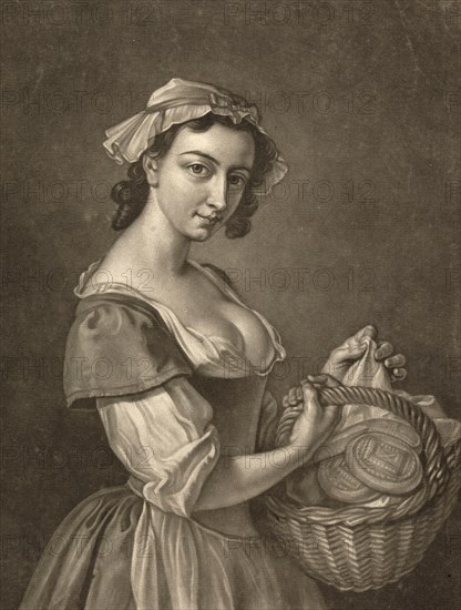 The profession of the milkmaid. A girl with a basket full of pieces of butter, c. 1810, Germany, Historic, digitally restored reproduction of an original from the period, Europe