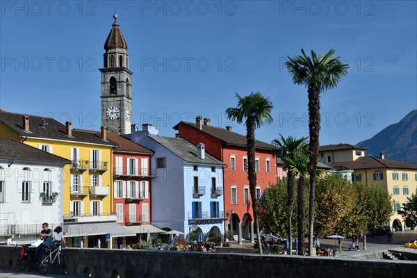 Lake promenade in Ascona with church Santi Pietro e Paolo, Lungolago, Canton Ticino, Switzerland, Europe