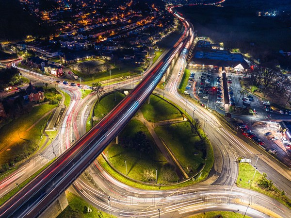 Night Top Down over Penn Inn Flyover and Roundabout from a drone Newton Abbot, Devon, England, United Kingdom, Europe