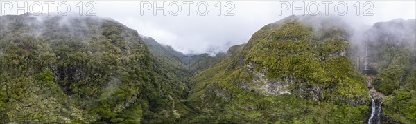 Panorama, aerial view, Lagoa do Vento with Upper Risco waterfall, forest and fog, Rabacal, Madeira, Portugal, Europe