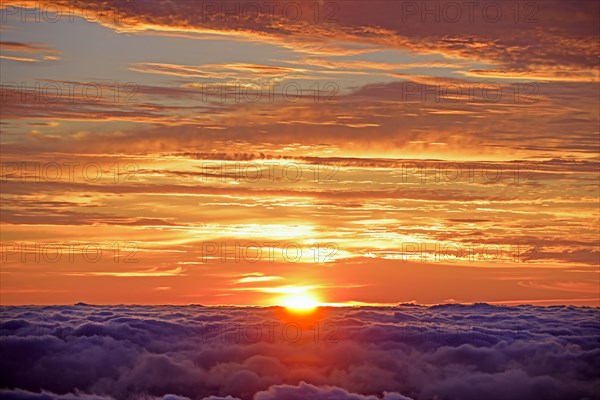 Sunrise over trade wind clouds at 2000 metres, Teide National Park, Tenerife, Canary Islands, Spain, Europe