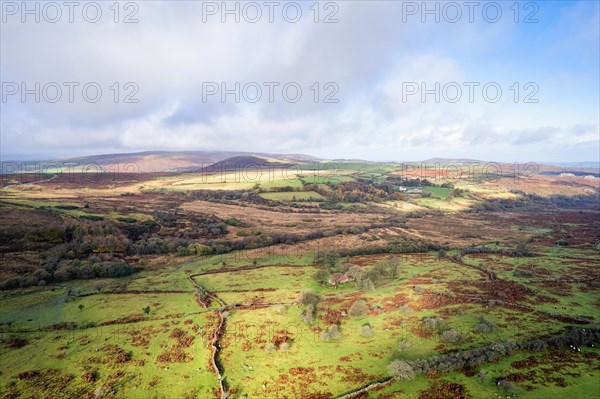 View over Emsworthy Mire from a drone, Haytor Rocks, Dartmoor National Park, Devon, England, UK