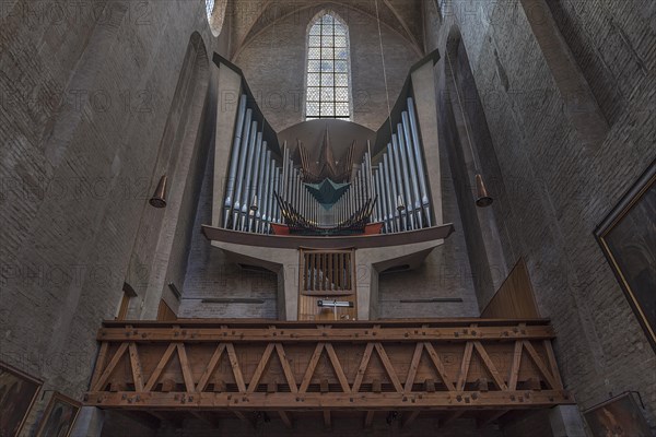 Modern organ loft of the Barfuesserkirche, church was rebuilt in the 15th century, Augsburg, Bavaria, Germany, Europe