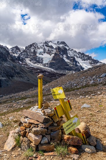 Hiking signpost at Cerro Castillo mountain, Cerro Castillo National Park, Aysen, Patagonia, Chile, South America