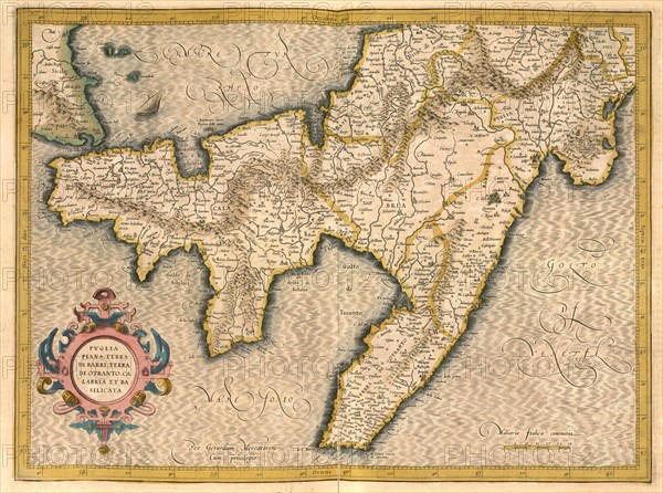 Atlas, map from 1623, Apulia, Basilicata, Italy, digitally restored reproduction from an engraving by Gerhard Mercator, born Gheert Cremer, 5 March 1512, 2 December 1594, geographer and cartographer, Europe