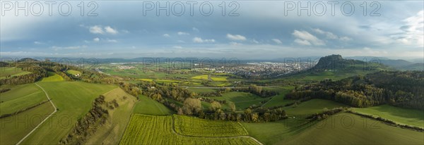 View over the Hegaulandschaft, with Hohentwiel and the town of Singen, Konstanz district, Baden-Wuerttemberg, Germany, Europe
