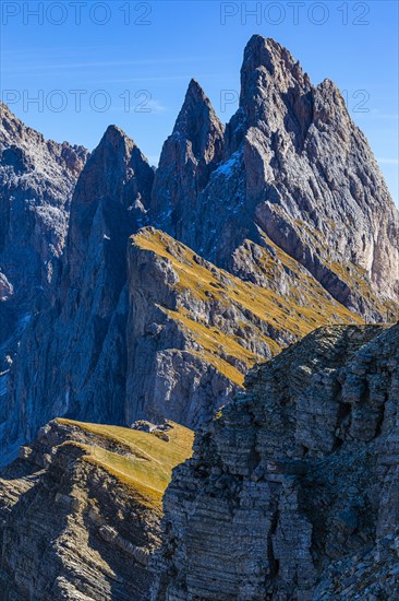 Geisler Group with the Sas Rigais peak, Val Gardena, Dolomites, South Tyrol, Italy, Europe