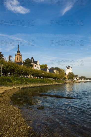 Riverbank promenade on the Rhine, fortified defence tower of the Electoral Castle, parish church of Saint Peter and Paul, Eltville, Rheingau, Hesse, Germany, Europe