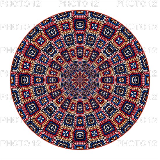 Decorative round Palestinian Tatreez design element over white background, vector illustration