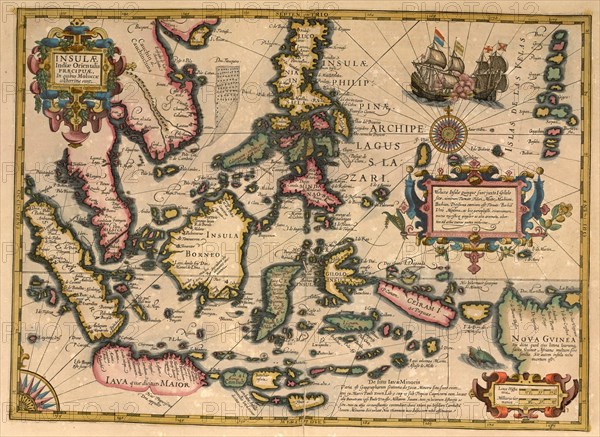 Atlas, map from 1623, Asia, Islands, Java, Borneo, Papua, Philippines, digitally restored reproduction from an engraving by Gerhard Mercator, born as Gheert Cremer, 5 March 1512, 2 December 1594, geographer and cartographer, Asia