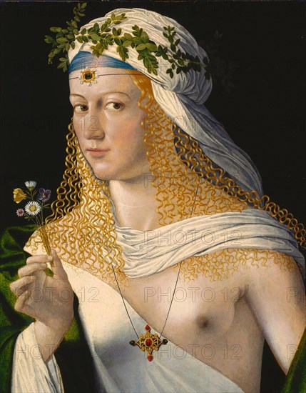 Lucretia, Traditionally considered to be the portrait of Lucretia Borgia, daughter of Pope Alexander VI. It shows an unknown lady in the guise of the ancient spring goddess Flora, painting by Bartolomeo Veneto, also Bartolomeo da Venezia, Historical, digitally restored reproduction of a historical original