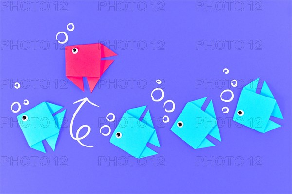 Pink paper fish swimming out of line of blue fish on purple background. Concept for new business strategies, discovery, and different thinking