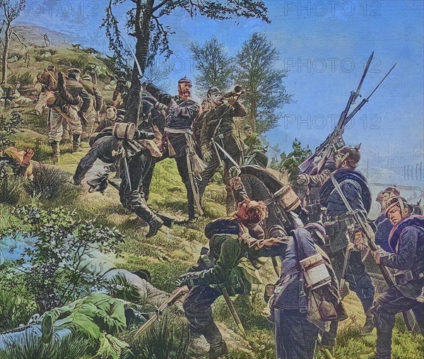 The Battle of Spichern, 6 August 1870, also known as the Battle of Forbach, was a battle during the Franco-Prussian War, 1870, Historical, digitally restored reproduction of an original from the 19th century, exact date unknown