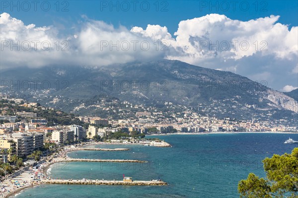 View from Roquebrune Cap Martin on Menton, Cote d Azur, Mediterranean Sea, France, Europe