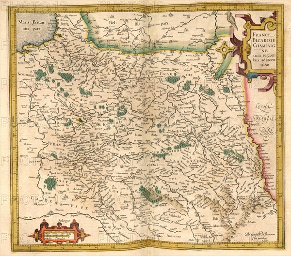 Atlas, map from 1623, Picardy and Champagne, France, digitally restored reproduction from an engraving by Gerhard Mercator, born Gheert Cremer, 5 March 1512, 2 December 1594, geographer and cartographer, Europe